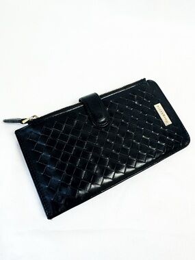 BORGASETS Black Leather Braided, Wallet Double Zipper Pockets Snap Front